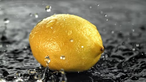 Wassertropfen fallen auf eine frische Zitrone, gefilmt mit einer Hochgeschwindigkeitskamera mit 1000 Bildern pro Sekunde