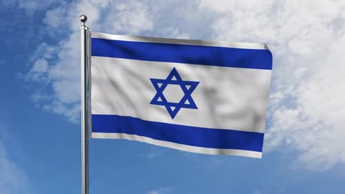 Realistic Waving Israel Flag on Pole Against Cloudy Blue Sky