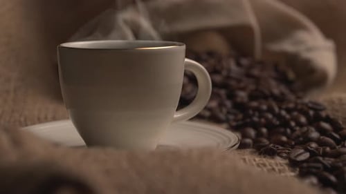 Hot Coffee Cup Close Up White Coffee Cup Mug with Beautiful Steaming Smoke ProRes