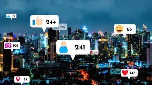 Social Media Icons Fly Over City Downtown Showing People Reciprocity Connection
