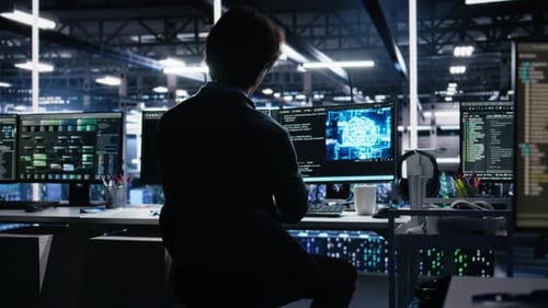 Data Center Software Developer Using Computer to Monitor Neural Network AI LLM