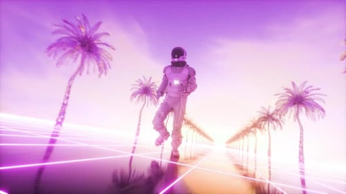 Astronaute courant entre les paumes Synthwave