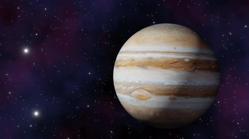 Planet Jupiter view from outer space and twinkling stars in the Milky Way galaxy 3d render. Solar