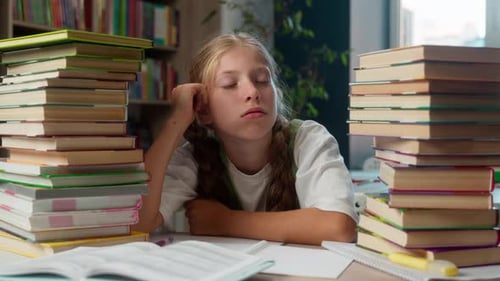Caucasian Preteen Girl Feeling Boredom in School Library Tired Kid Child Learner Pupil Daughter