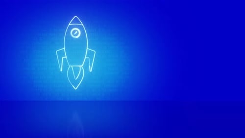 Neon rocket flying reflecting on blue background animation