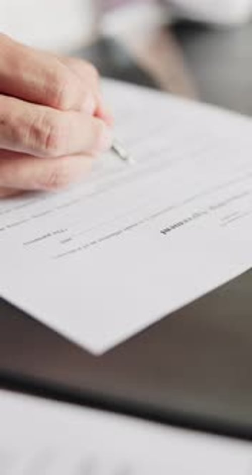 Person, hands or writing with contract for agreement, hiring or recruitment process on desk