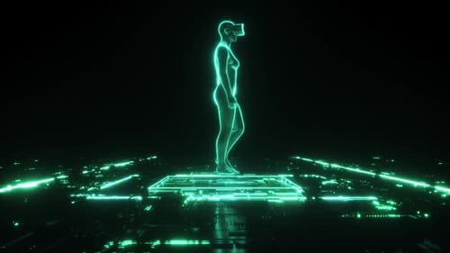 Figure holographique futuriste marchant sur une plateforme numérique