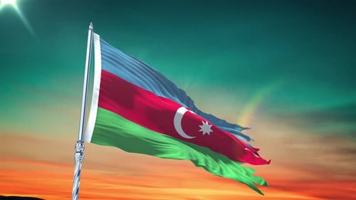 Realistic Waving Flag of Azerbaijan on a Bright Sky