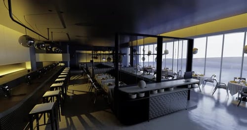 Modern Dining Area in a High Rise Restaurant with City Views at Sunset