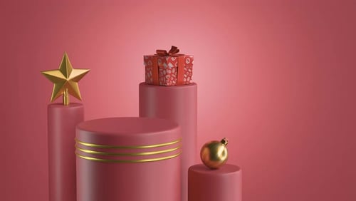 3D Christmas Holiday Scene with Gift Box and Star Ornament