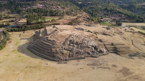 4K Aerail Drone Descent over Ancient Rodadero Rock at Sacsayhuaman in Cusco, Peru