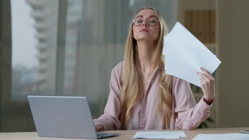 Caucasian Exhausted Business Woman in Stuffy Office Suffer From Heat Summer Weather Stressed