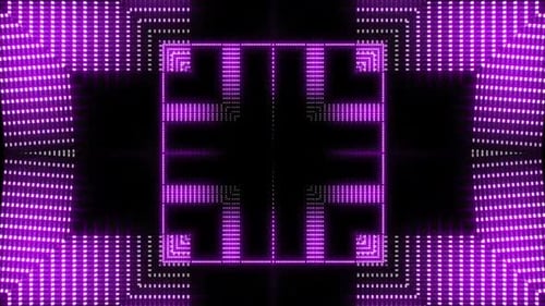 Dynamic purple lights pulse to music in a vibrant digital tunnel