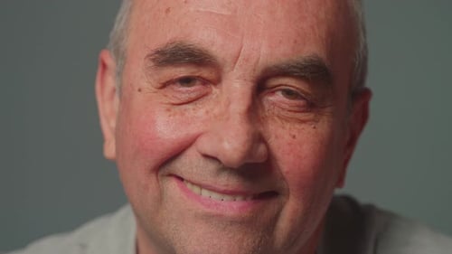 Happy Elderly Senior Adult Grayhaired Man Smiling Face Old Man Posing Alone Look at Camera Close Up