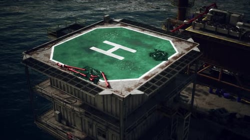 Aerial View of Abandoned Oil Rig Platform at Sea