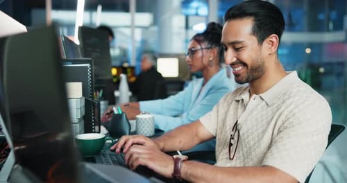 Computer, smile and typing with programmer man at desk in office for coworking