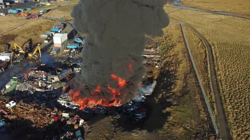 Huge Car Junkyard Fire Black Oil Smoke Pollutes Atmosphere Ecological Disaster Global Warming