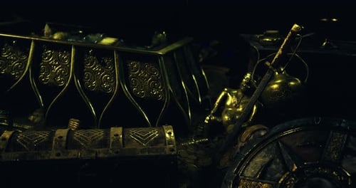 Animated Opening Treasure Chest with Gold and Weapons