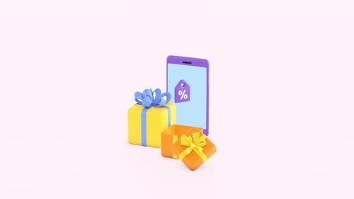 Smartphone and present box pops up animation, 3d render