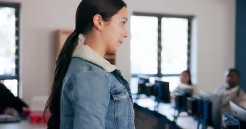 Education, speech and thinking with student in classroom of university for oral presentation