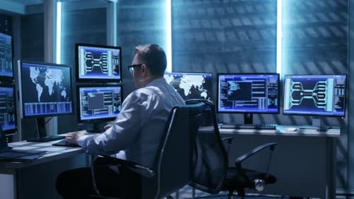 Two Technical Engineers and Third Taking His Place In Monitoring Room. Space is Full of Working Dis