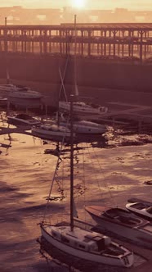 Golden Hour Vertical Marina with Boats and Sunset Reflections