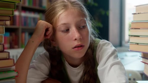 Helpless Annoyed Exhausted Caucasian Lazy Little Girl Teen Child Kid Schoolgirl School Student Pupil
