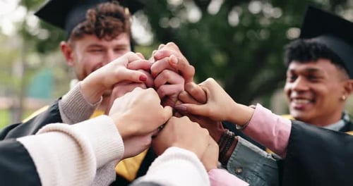 Excited, hands together and graduation in connection or huddle for university education or study