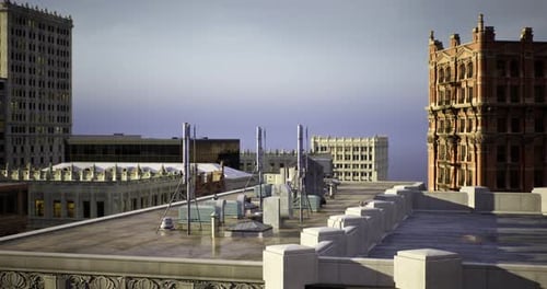 Urban Rooftop View of City Skyline with Communication Towers