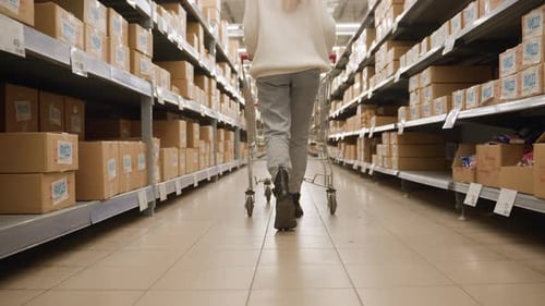 Back Lower View of Elegant Woman Shopping Pushing Cart Past Shelves