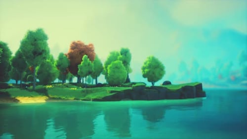 Colorful Cartoon Forest at Sunset