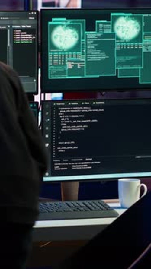 Vertical Video Hacker Arriving in Secret Base with Laptop Ready to Start Programming Viruses