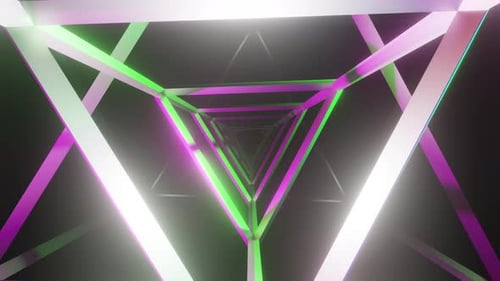 Abstract Disco Neon Background, Flight Forward Through Triangular Corridor, Flickering Colorful