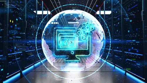 Das Symbol der Softwareentwicklung bewegt sich auf Rack-Servern im Rechenzentrum