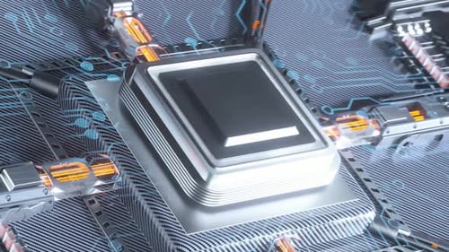 Micropuce accélérée par IA colorée futuriste se connectant à un PCB et alimentant l'ensemble du système