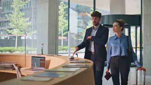 Happy Guests Arriving Hotel Carrying Luggage Late Receptionist Welcome Couple