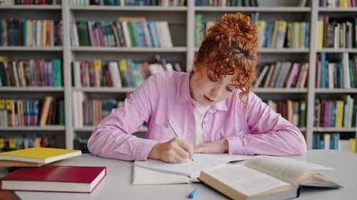 Redhead Girl Summarizes Material From Textbook in Library