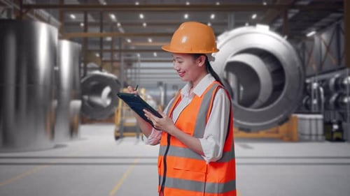Side View Of Asian Female Engineer Taking Note On The Tablet at Heavy Factory