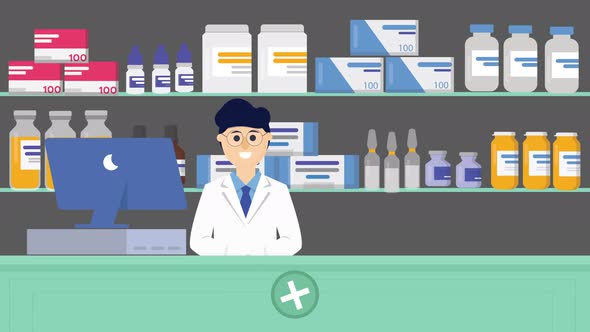 Animated Pharmacy Counter with Pharmacist and Medical Supplies ...