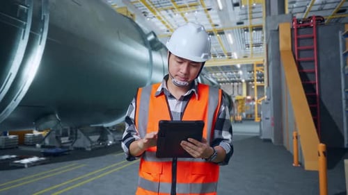Asian Male Engineer Working On A Tablet In Pipe Manufacturing Factory