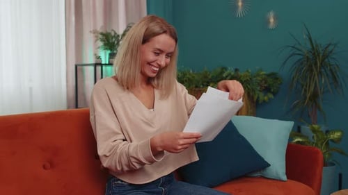 Girl Open Envelope Letter Reads It Feel Happy Career Growth Advance Promotion Bank Loan Approve