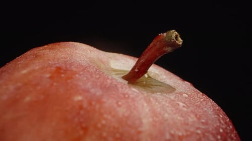 Apfelstiel, eine mit Wasser gefüllte Aussparung. Ein Apfel in Wassertröpfchen dreht sich in Nahaufnahme.