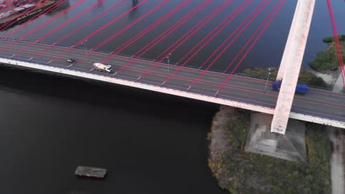 Aerial shot of Cable-Stayed Bridge On Motława River In Gdansk, Poland