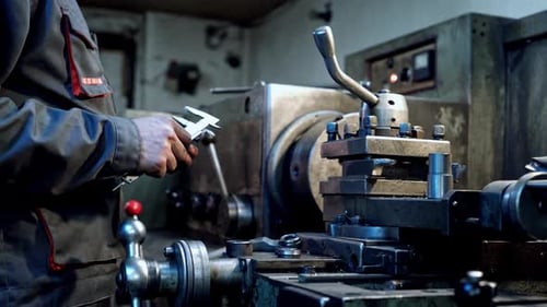 Worker measures part with caliper measuring tool at factory