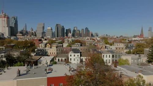 Camera Movement Captures a Street in Williamsburg Brooklyn Showcasing Stunning Manhattan Skyline in