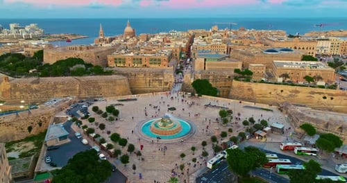 Aerial View of the Capital City of Malta at Sunset Main Entrance and the Entire Island Valletta