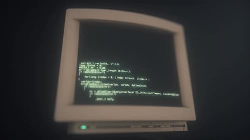 Ordinateur personnel ou PC rétro avec console de chargement de code, programmeur créant des scripts
