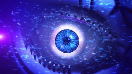 3D Glowing digital polygonal eye dark background. Digital revolution digital human eye