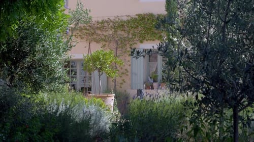 Rustic Mediterranean villa in southern France with contemplative garden and vines, Dolly left shot