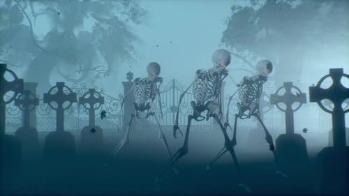 Dancing Skeletons in the Cemetery at Night Skeletons with